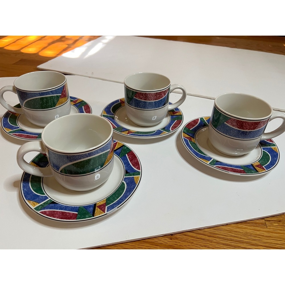 Sango Flair 4806 Joan Luntz Geometric Cup and Saucer Set of 4 Vintage Ceramic